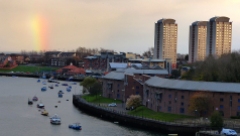 Rainbow over the river Wear. The uni residences in the foreground